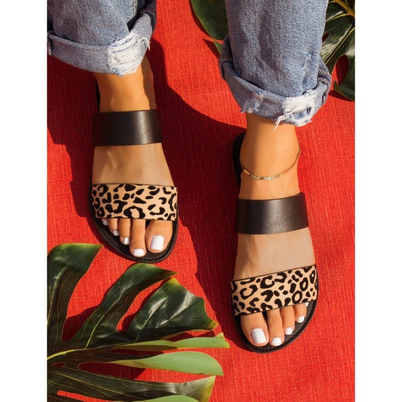 Black tab leopard double band slip on sandals - Picture 3 of 9